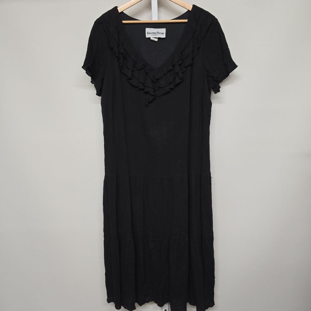 Vintage ANOTHER THYME Black Textured Midi Dress Ruffle Neck‎ Short Sleeve 1X